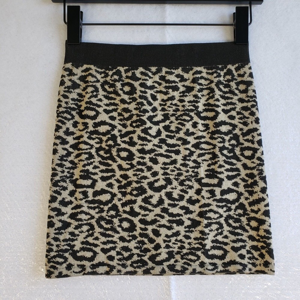 Feathers Mini Skirt Womens Small Black Brown Animal Print Pull on Elastic Waist